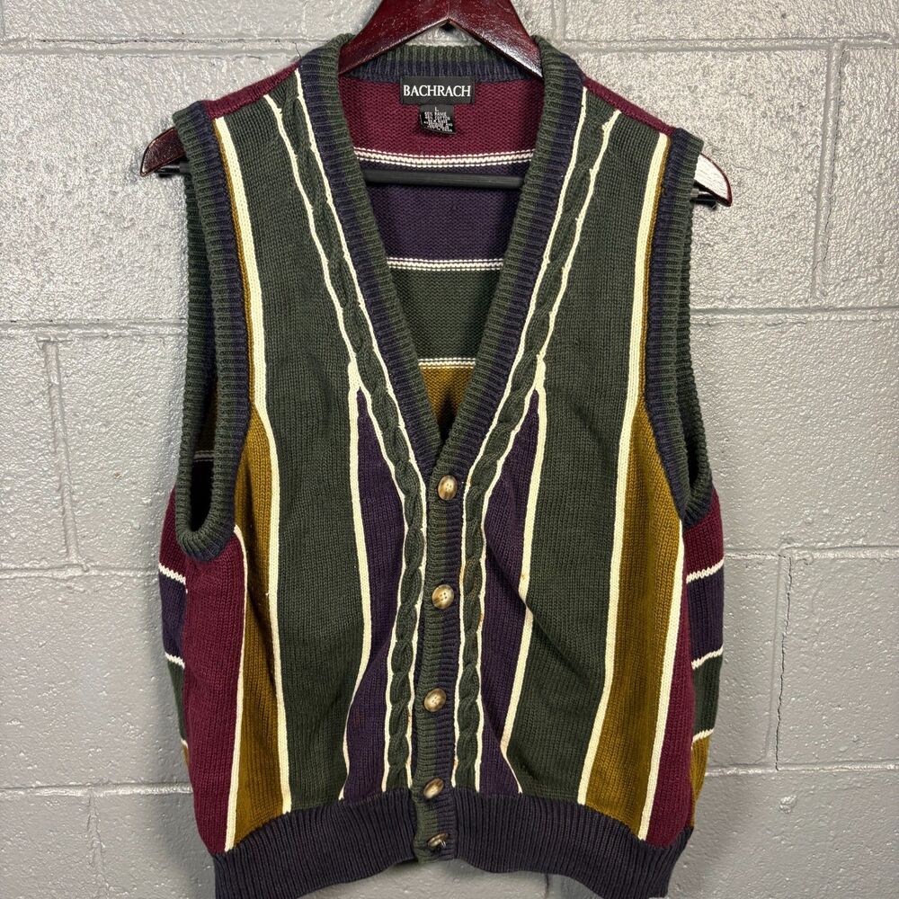 Bachrach Sweater Vest Mens L Wool Blend Striped Button Grandpa 90s Vintage